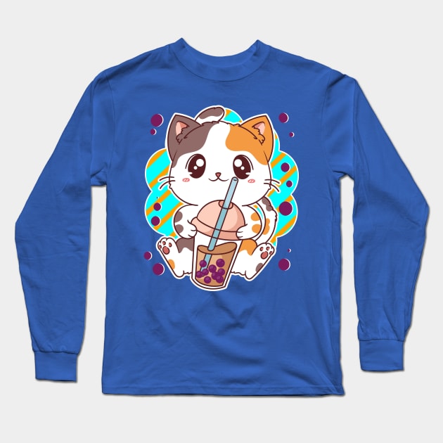 Kawaii Cat Bubble Boba Tea Manga Japanese Long Sleeve T-Shirt by E